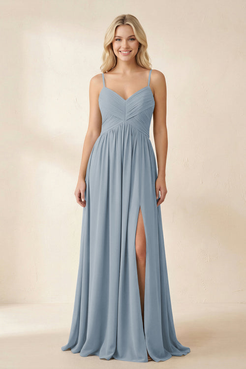 Dusty Blue Cami Strap Chiffon A-Line Bridesmaid Dress with Slit | KISSBRIDAL