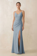 Dusty Blue Cami Strap Chiffon Sheath Bridesmaid Gown | KISSBRIDAL