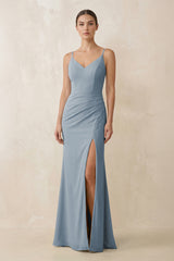 Dusty Blue Cami Strap Chiffon Sheath Bridesmaid Gown | KISSBRIDAL