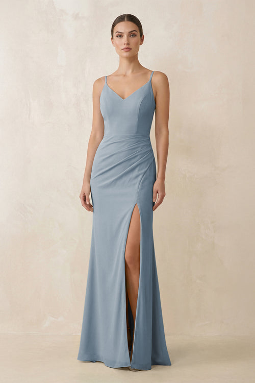 Dusty Blue Cami Strap Chiffon Sheath Bridesmaid Gown | KISSBRIDAL