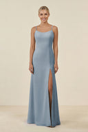 Dusty Blue Cami Strap Chiffon Sheath Bridesmaid Gown | KISSBRIDAL
