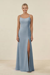 Dusty Blue Cami Strap Chiffon Sheath Bridesmaid Gown | KISSBRIDAL