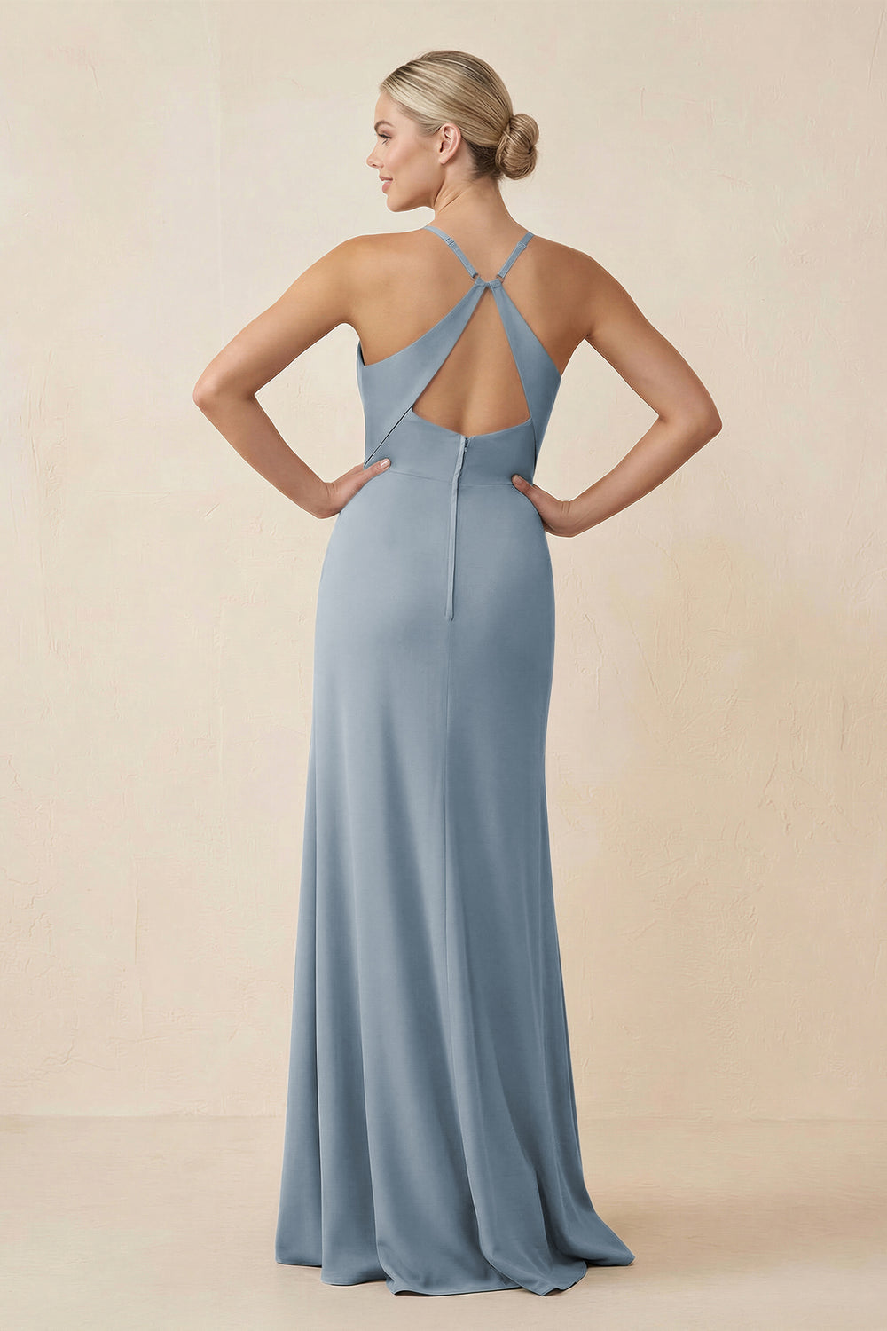 Cami Strap Sheath Ruched Bridesmaid Dress With Slit in Dusty Blue