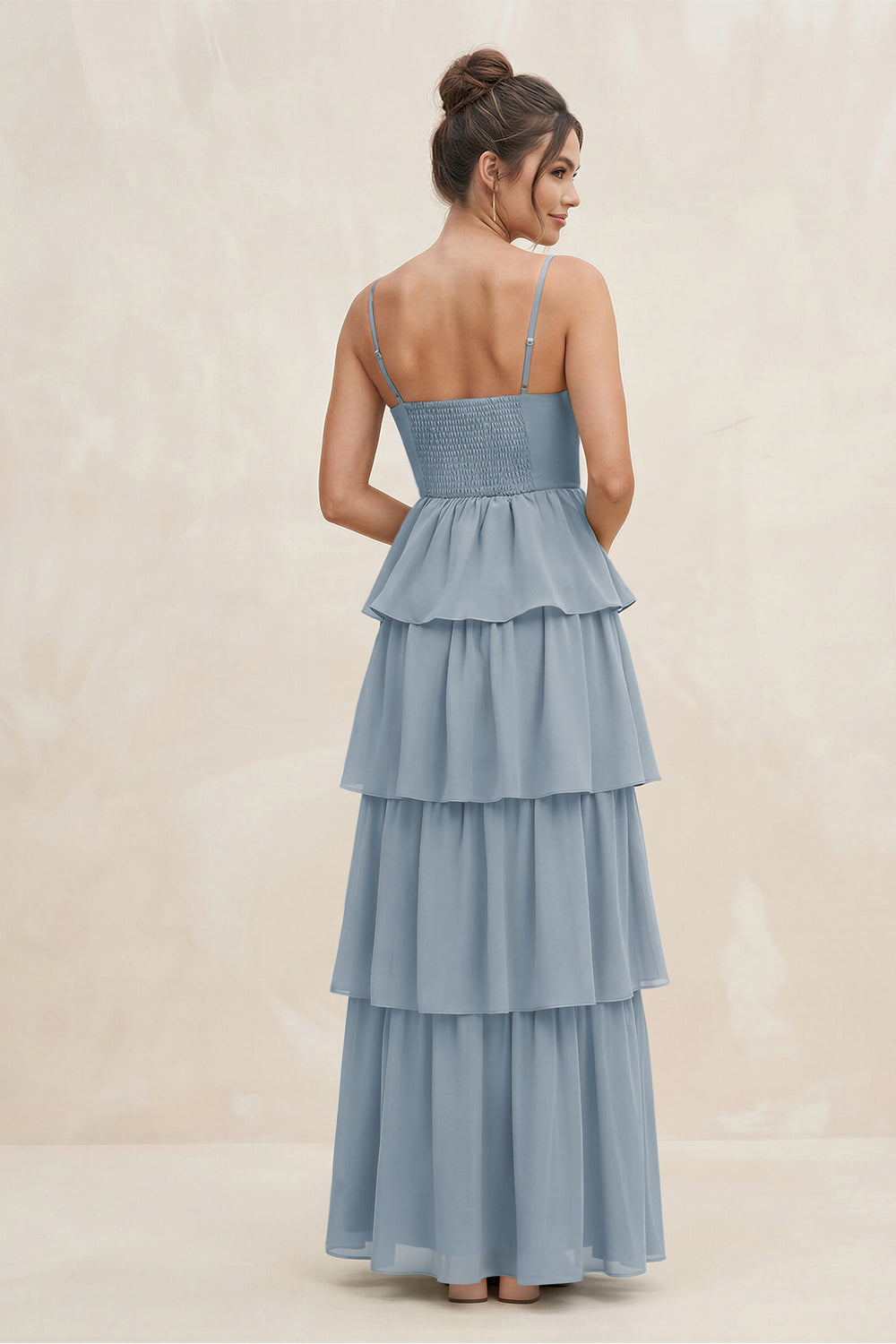 Cami Strap Tiered A-Line Chiffon Bridesmaid Dress in Dusty Blue