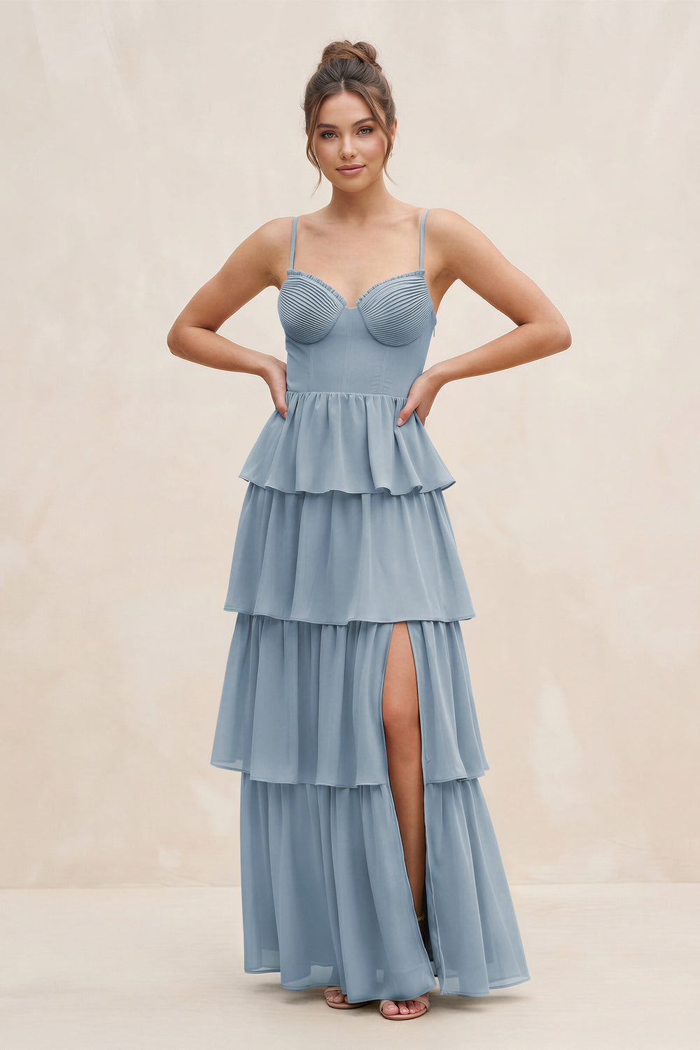 Cami Strap Tiered A-Line Chiffon Bridesmaid Dress in Dusty Blue