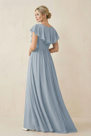 Dusty Blue Cap Sleeve A-Line Ruffled Chiffon Bridesmaid Dress (2) | KISSBRIDAL