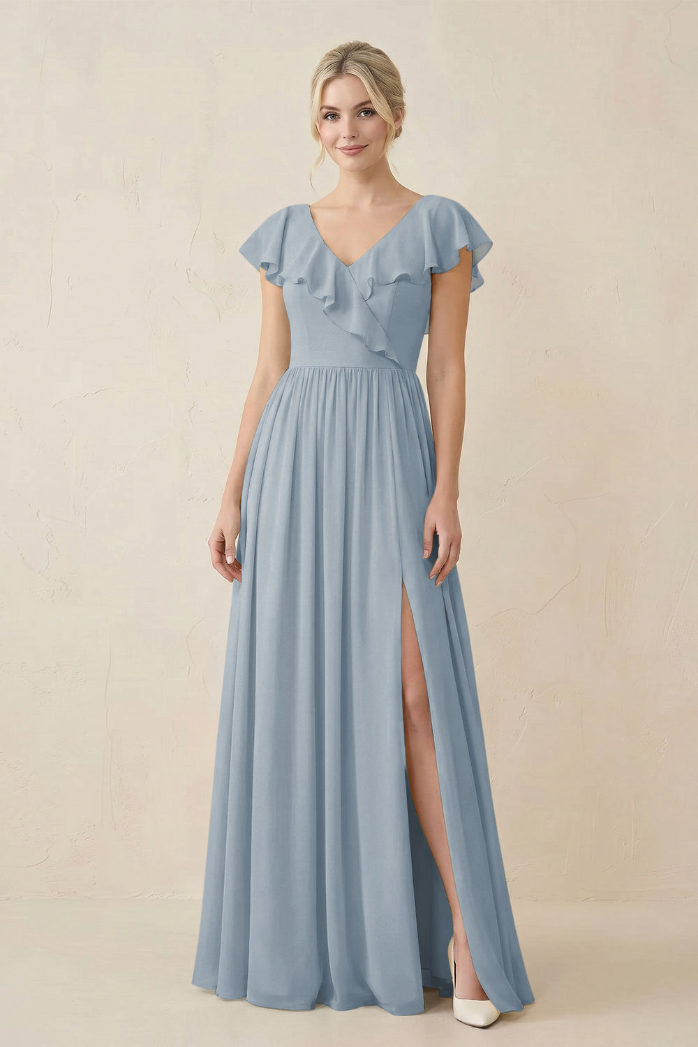 Cap Sleeve A-Line Ruffled Chiffon Bridesmaid Dress in Dusty Blue