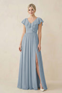 Dusty Blue Cap Sleeve A-Line Ruffled Chiffon Bridesmaid Dress | KISSBRIDAL