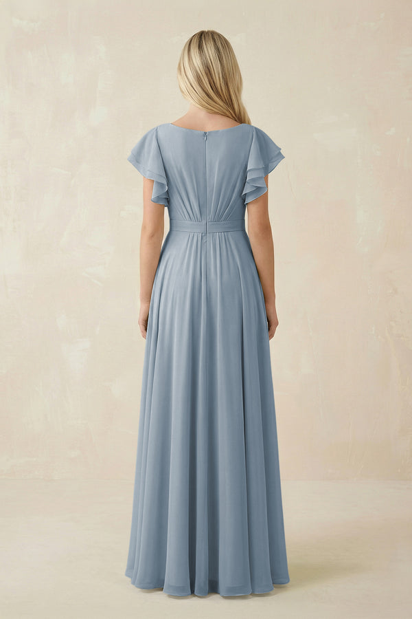 Dusty Blue Cap Sleeve Ruffled A-Line Chiffon Bridesmaid Dress (2) | KISSBRIDAL