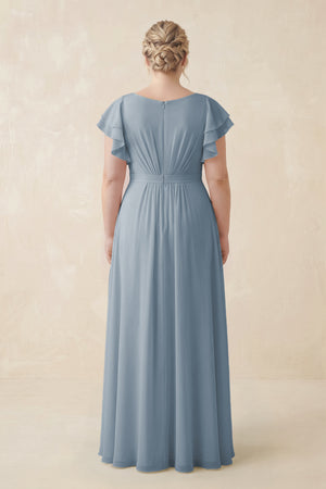 Dusty Blue Cap Sleeve Ruffled A-Line Chiffon Bridesmaid Dress (2) | KISSBRIDAL