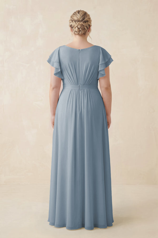 Dusty Blue Cap Sleeve Ruffled A-Line Chiffon Bridesmaid Dress (2) | KISSBRIDAL