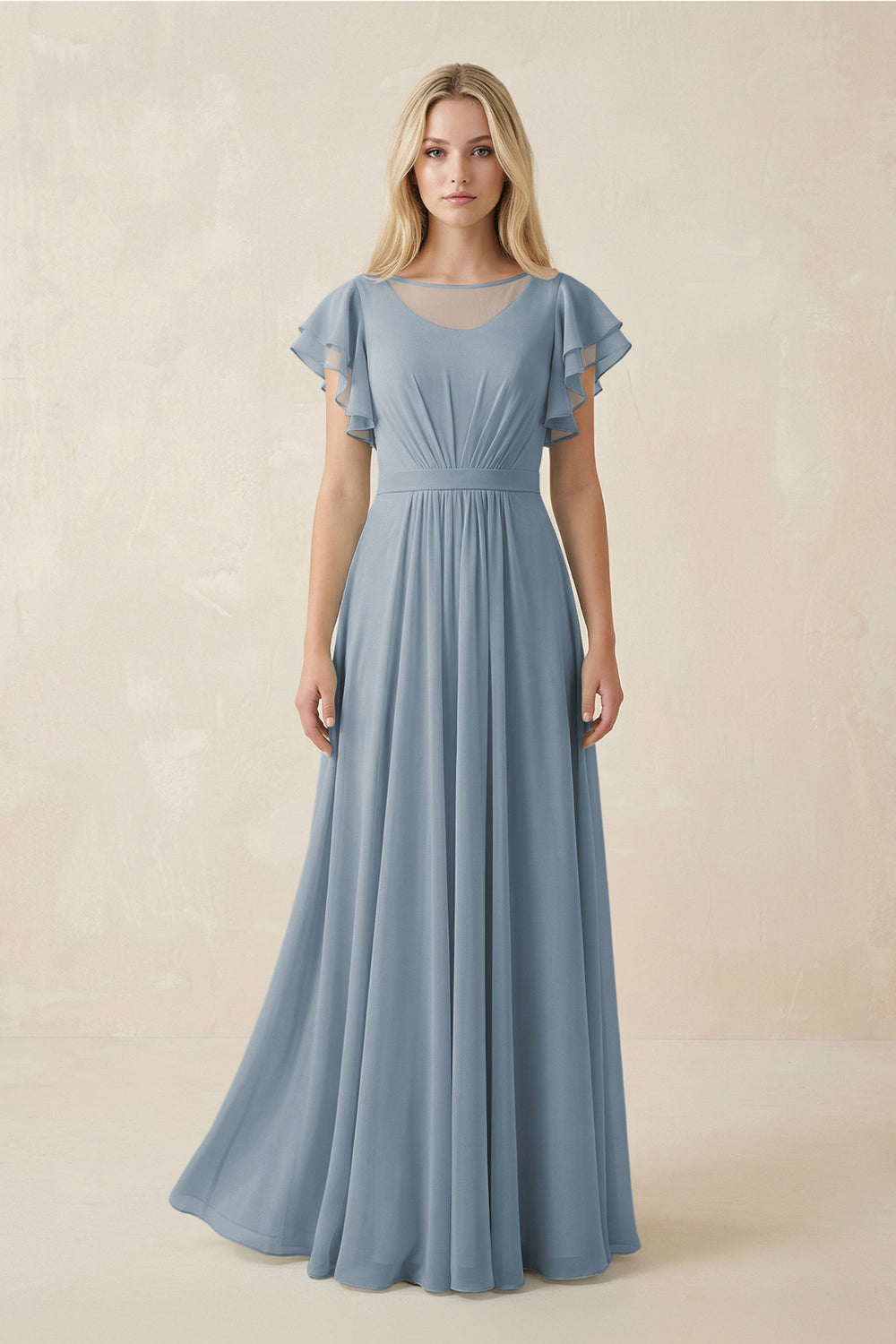 Cap Sleeve Ruffled A-Line Chiffon Bridesmaid Dress in Dusty Blue