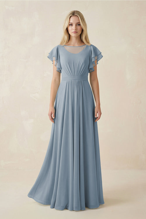 Dusty Blue Cap Sleeve Ruffled A-Line Chiffon Bridesmaid Dress | KISSBRIDAL