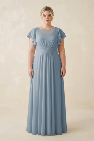 Dusty Blue Cap Sleeve Ruffled A-Line Chiffon Bridesmaid Dress | KISSBRIDAL