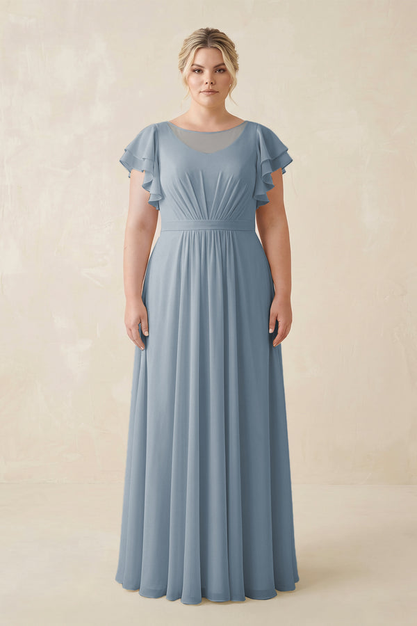 Dusty Blue Cap Sleeve Ruffled A-Line Chiffon Bridesmaid Dress | KISSBRIDAL