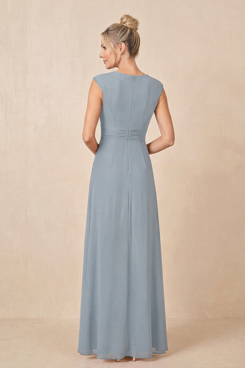 Dusty Blue Cap Sleeves A-Line Chiffon Pleated Ruffled Mother of the Bride Dress
