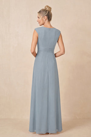 Dusty Blue Cap Sleeves A-Line Chiffon Pleated Ruffled Mother of the Bride Dress (2) | KISSBRIDAL
