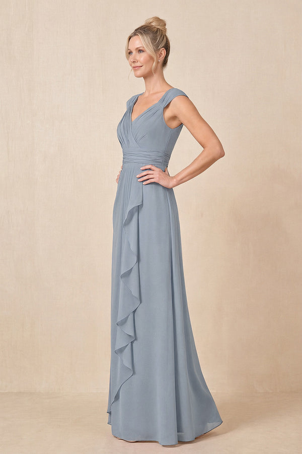 Dusty Blue Cap Sleeves A-Line Chiffon Pleated Ruffled Mother of the Bride Dress (3) | KISSBRIDAL
