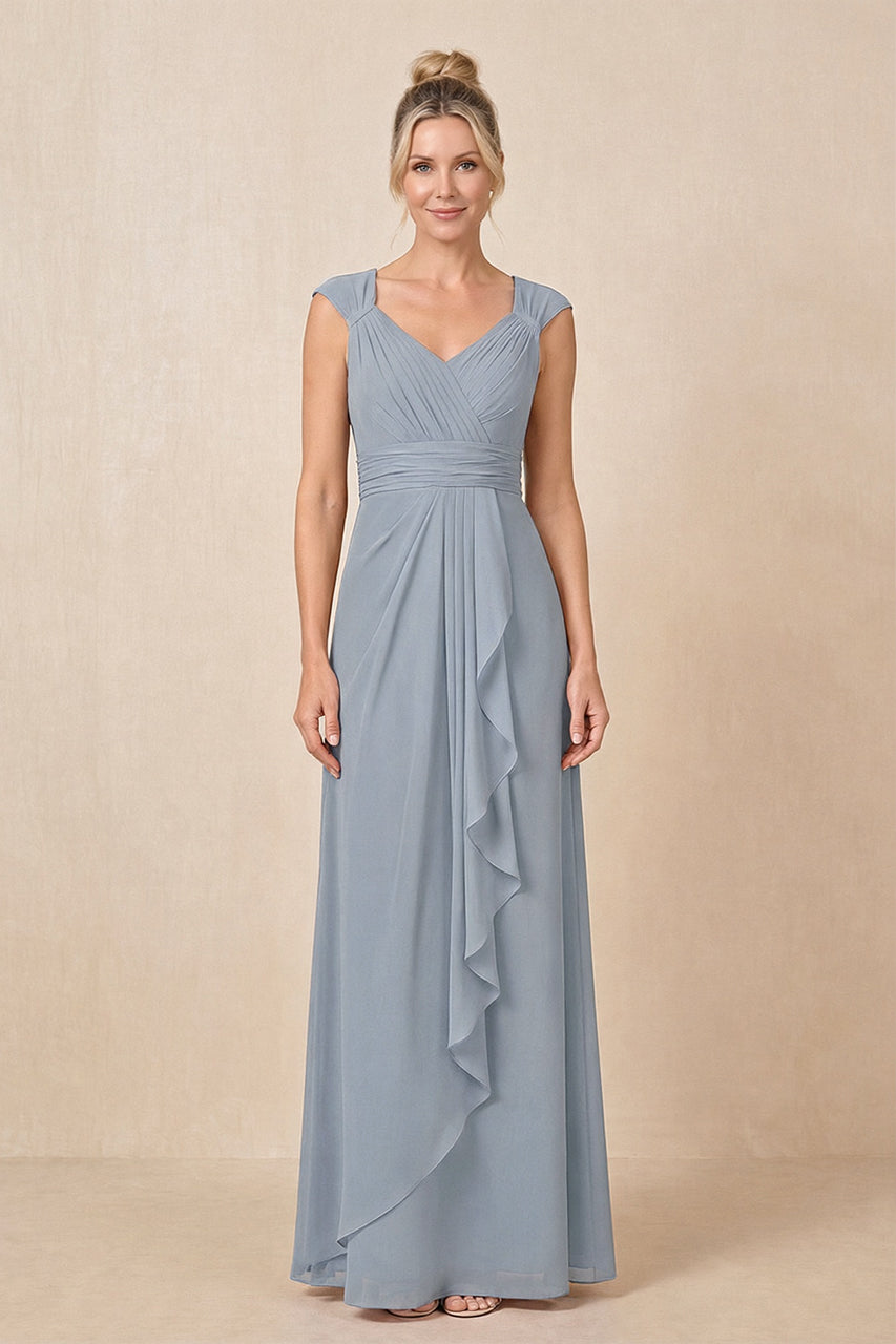 Dusty Blue Cap Sleeves A-Line Chiffon Pleated Ruffled Mother of the Bride Dress