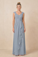 Dusty Blue Cap Sleeves A-Line Chiffon Pleated Ruffled Mother of the Bride Dress | KISSBRIDAL