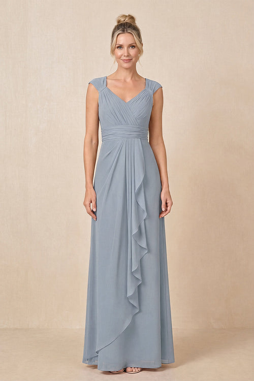 Dusty Blue Cap Sleeves A-Line Chiffon Pleated Ruffled Mother of the Bride Dress | KISSBRIDAL