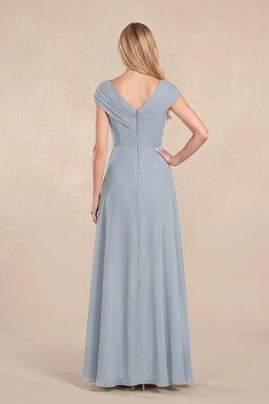 Dusty Blue Cap Sleeves Chiffon A-Line Lace V-Neck Mother of the Bride Dress (2) | KISSBRIDAL