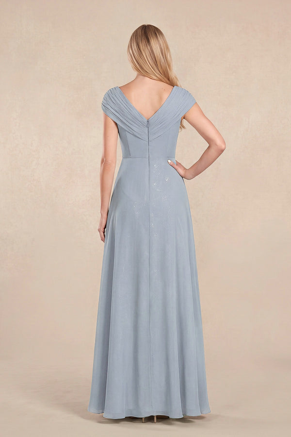 Dusty Blue Cap Sleeves Chiffon A-Line Lace V-Neck Mother of the Bride Dress (2) | KISSBRIDAL