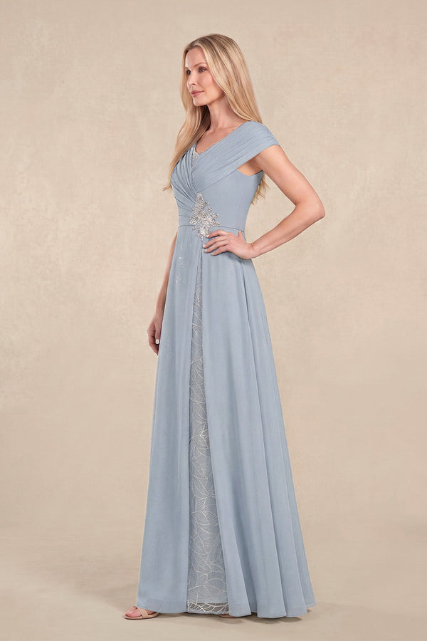 Dusty Blue Cap Sleeves Chiffon A-Line Lace V-Neck Mother of the Bride Dress (3) | KISSBRIDAL