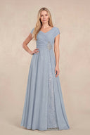 Dusty Blue Cap Sleeves Chiffon A-Line Lace V-Neck Mother of the Bride Dress | KISSBRIDAL