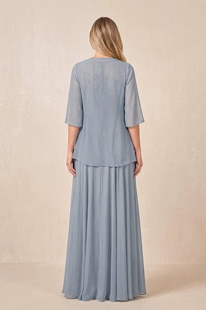Dusty Blue Cape Sleeves A-Line Chiffon Scoop Neck Embroidered Mother of the Bride Dress (2) | KISSBRIDAL
