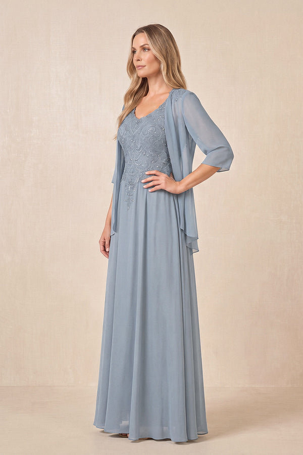 Dusty Blue Cape Sleeves A-Line Chiffon Scoop Neck Embroidered Mother of the Bride Dress (3) | KISSBRIDAL