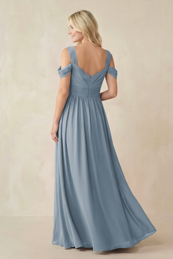 Dusty Blue Chiffon A-Line Bridesmaid Dress with Slit (2) | KISSBRIDAL
