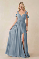 Dusty Blue Chiffon A-Line Bridesmaid Dress with Slit | KISSBRIDAL