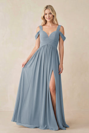 Dusty Blue Chiffon A-Line Bridesmaid Dress with Slit | KISSBRIDAL