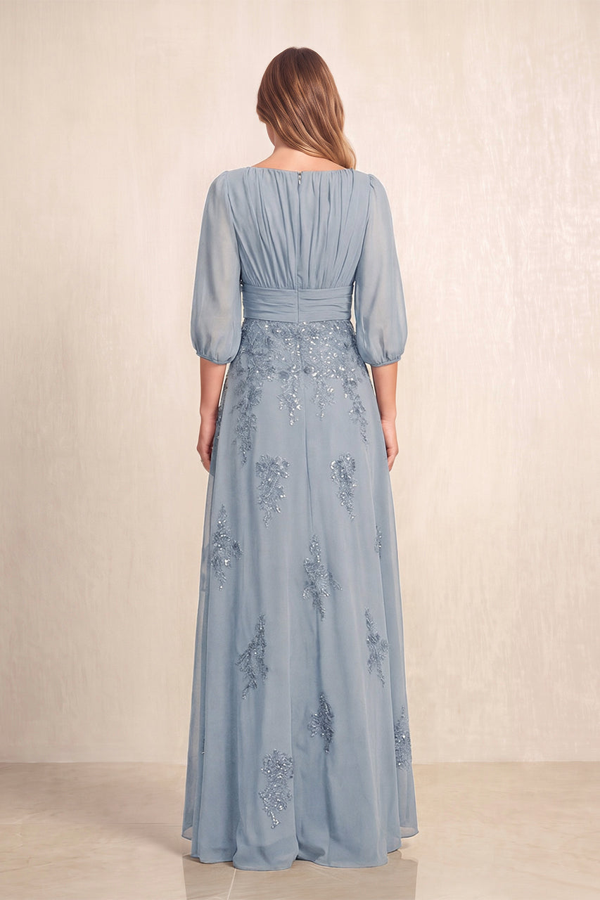 Dusty Blue Chiffon A-Line Embroidered Boat Neck Long Mother of the Bride Dress