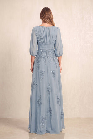 Dusty Blue Chiffon A-Line Embroidered Boat Neck Long Mother of the Bride Dress (2) | KISSBRIDAL
