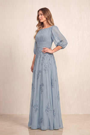 Dusty Blue Chiffon A-Line Embroidered Boat Neck Long Mother of the Bride Dress (3) | KISSBRIDAL