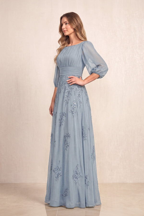 Dusty Blue Chiffon A-Line Embroidered Boat Neck Long Mother of the Bride Dress (3) | KISSBRIDAL