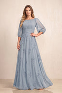Dusty Blue Chiffon A-Line Embroidered Boat Neck Long Mother of the Bride Dress | KISSBRIDAL