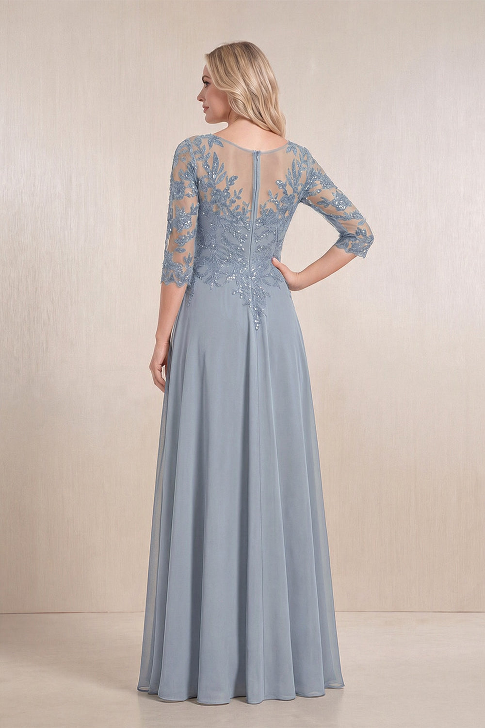 Dusty Blue Chiffon A-Line Embroidered Mother of the Bride Dress With Sleeves