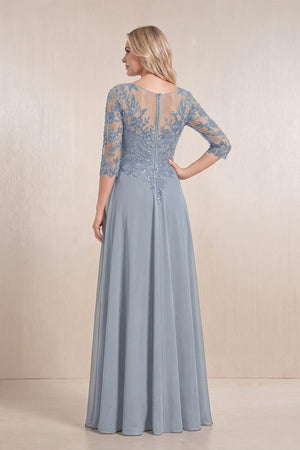 Dusty Blue Chiffon A-Line Embroidered Mother of the Bride Dress With Sleeves (2) | KISSBRIDAL