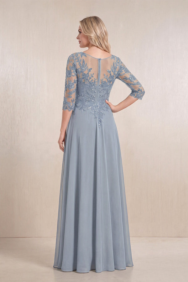 Dusty Blue Chiffon A-Line Embroidered Mother of the Bride Dress With Sleeves (2) | KISSBRIDAL
