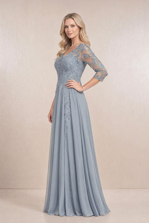 Dusty Blue Chiffon A-Line Embroidered Mother of the Bride Dress With Sleeves (3) | KISSBRIDAL