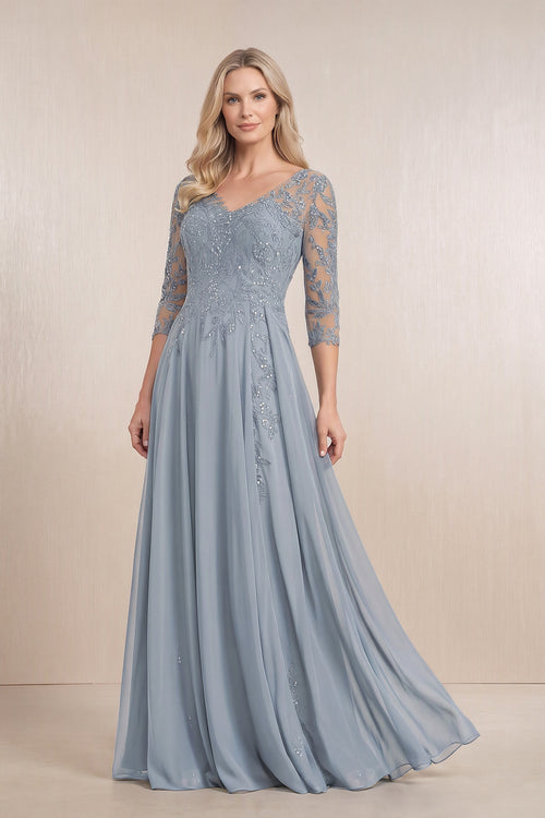 Dusty Blue Chiffon A-Line Embroidered Mother of the Bride Dress With Sleeves | KISSBRIDAL