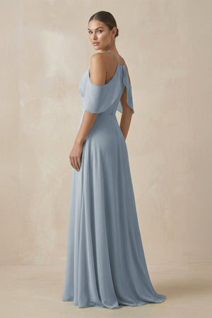 Dusty Blue Chiffon A-Line Long Bridesmaid Dress (2) | KISSBRIDAL