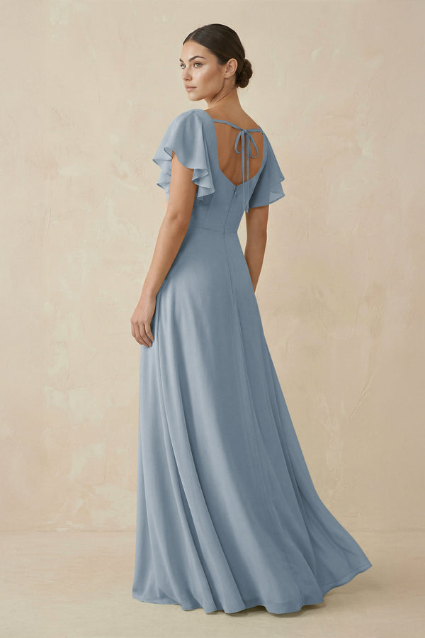 Dusty Blue Chiffon A-Line Long Bridesmaid Dress with Flutter Sleeves (2) | KISSBRIDAL