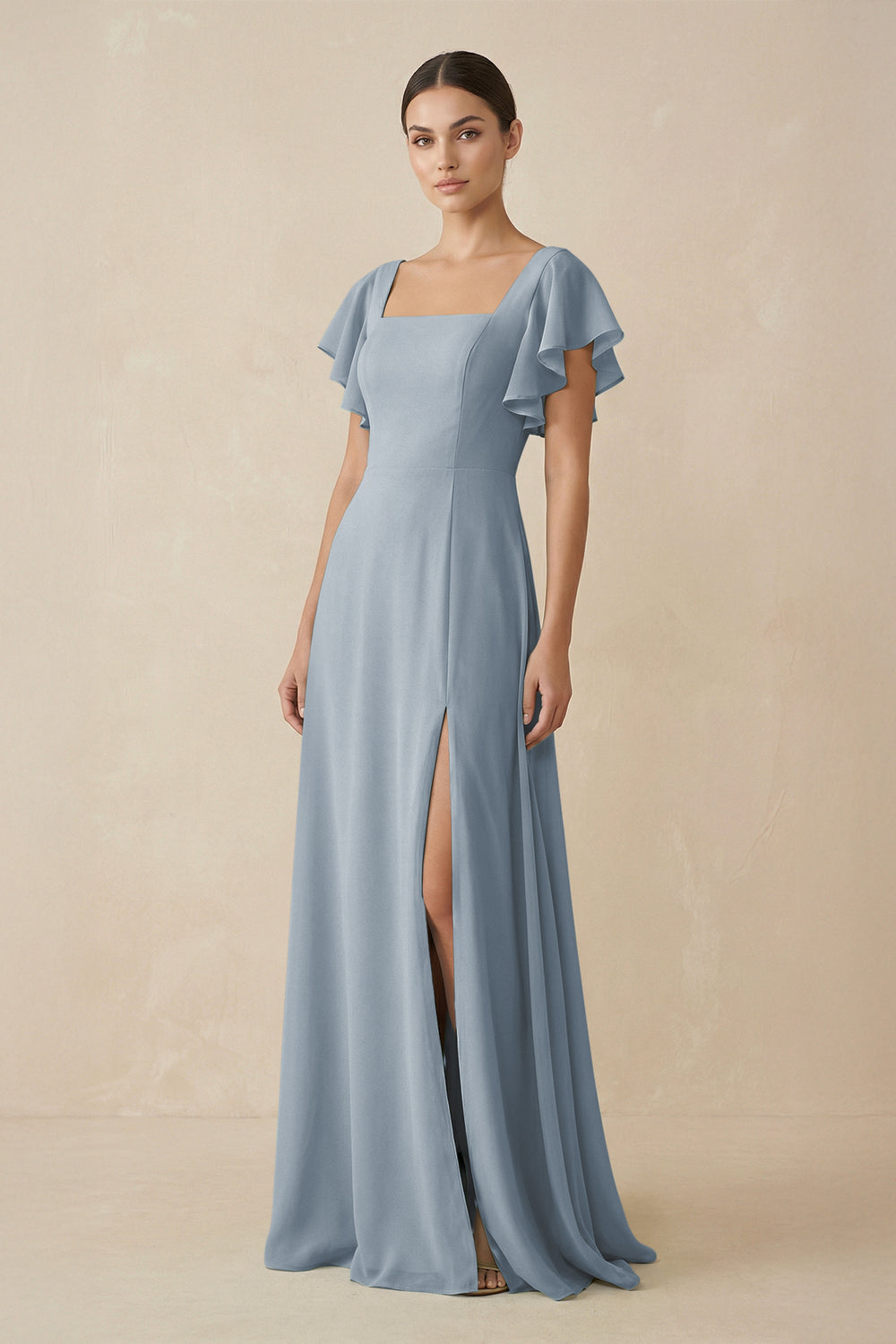 Chiffon A-Line Long Bridesmaid Dress with Flutter Sleeves in Dusty Blue
