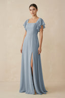 Dusty Blue Chiffon A-Line Long Bridesmaid Dress with Flutter Sleeves | KISSBRIDAL