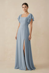 Dusty Blue Chiffon A-Line Long Bridesmaid Dress with Flutter Sleeves | KISSBRIDAL