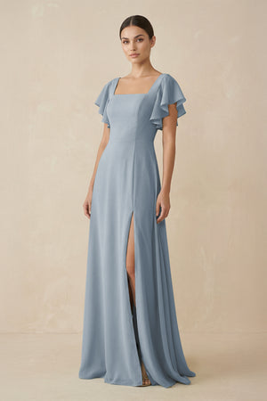 Dusty Blue Chiffon A-Line Long Bridesmaid Dress with Flutter Sleeves | KISSBRIDAL